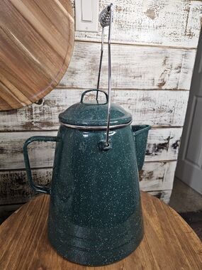 Large Vintage Green Speckled Enamel Coffee Pot